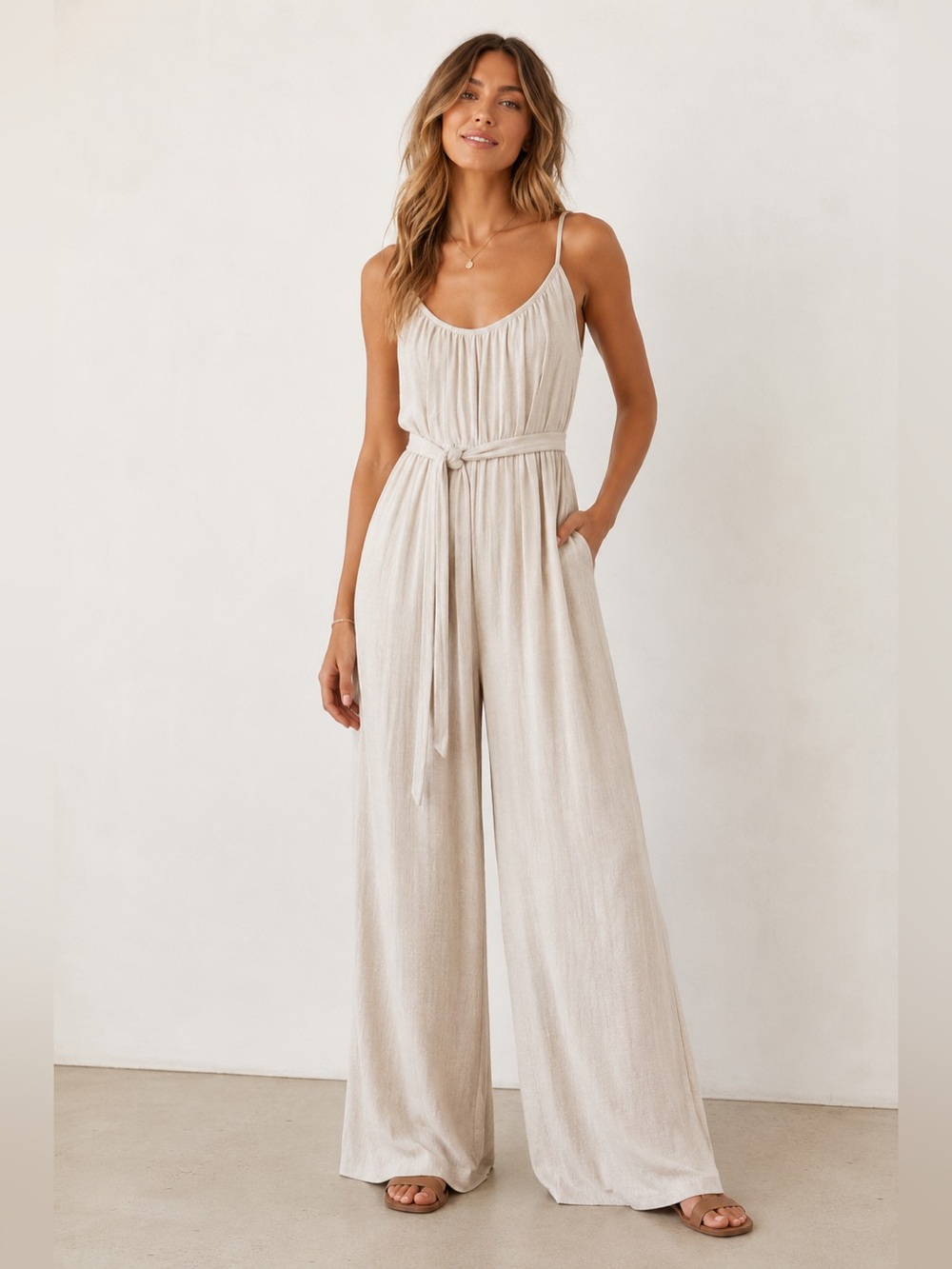 H & M Beige Jumpsuit Adjustable Straps Women’s 2 NEW No Belt